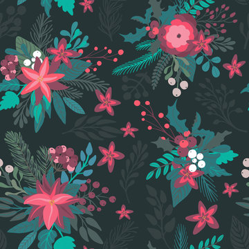Christmas vector seamless pattern with flowers and branches