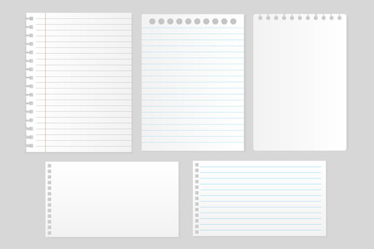 Set of white note paper and notebook sheet on gray background
