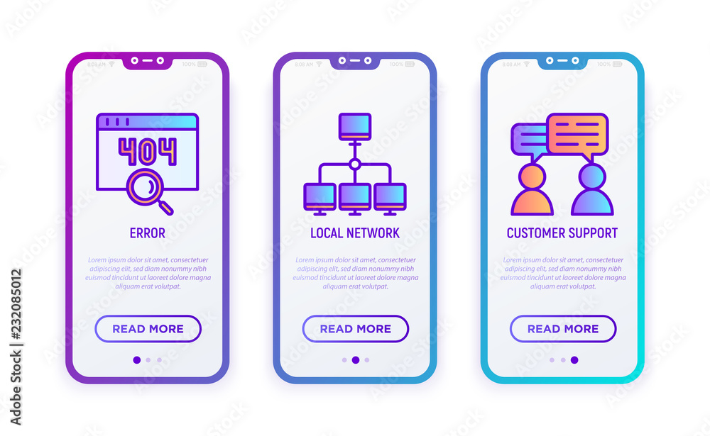 Poster hosting thin line icons set: error, customer support, local network. modern vector illustration for 