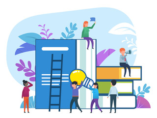 Small people working and doing various actions around big stack of books. Education concept. Flat design vector illustration