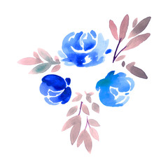 Blue flowers with leaves, floral border with eucalyptus, dry flowers, berry branch. Wedding watercolor invite card, romantic design. Isolated vector.