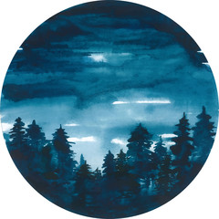 Hand drawn watercolor painting of night forest. Landscape. Taiga. Vector watercolor.