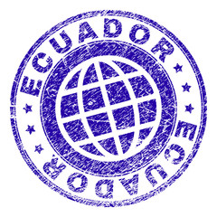 ECUADOR stamp print with grunge texture. Blue vector rubber seal print of ECUADOR text with grunge texture. Seal has words arranged by circle and globe symbol.