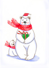 Greeting card, drawn on paper, colored pencil, for the new year and Christmas, the image of a polar bear, Christmas gifts, Christmas tree