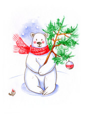 Greeting card, drawn on paper, colored pencil, for the new year and Christmas, the image of a polar bear, Christmas gifts, Christmas tree
