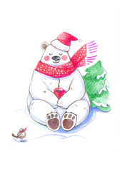 Greeting card, drawn on paper, colored pencil, for the new year and Christmas, the image of a polar bear, Christmas gifts, Christmas tree