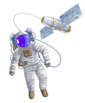 Astronaut went out into open space connected to space station, spaceman floating in weightlessness and iss spacecraft with solar panels behind him. Vector illustration isolated over white.