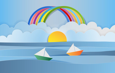 Fototapeta na wymiar Sea and sky with rainbow, Sailing boat, Paper art style. Vector illustration