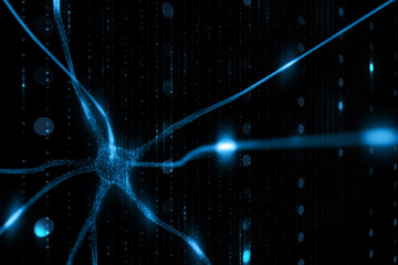 Abstract blue colored neuron cell in the brain on black cyber space illustration background. Selective focus used.