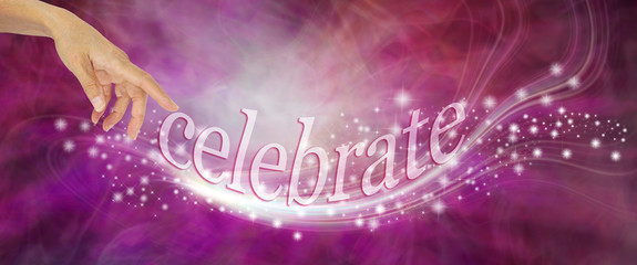 It's time to celebrate - female hand appearing to send out a whoosh of sparkles with the word...