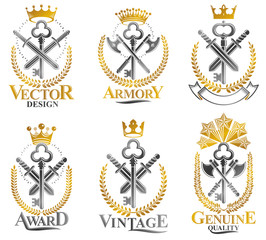 Fototapeta na wymiar Vintage Weapon Emblems set. Vintage vector design elements collection. Retro style label, heraldry.