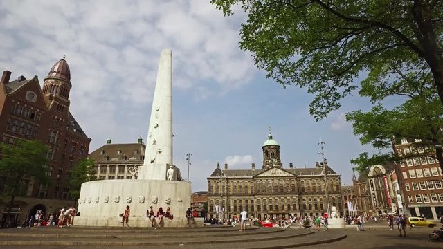 The Dam Square, the National Monument and the Royal Palace Amsterdam