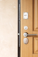 metal door with lock. Modern style door handle on natural wooden door