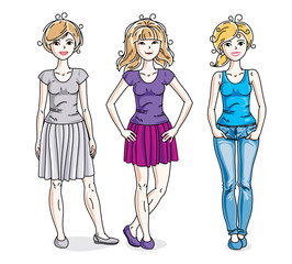 Attractive young women posing wearing casual clothes. Vector diversity people illustrations set.
