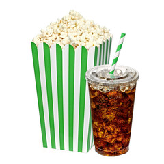 Popcorn in box with cola in takeaway cup on white background