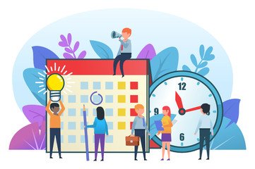 Fototapeta na wymiar Small cute people standing near big calendar and clock. Successful office time management, team. Flat design vector illustration