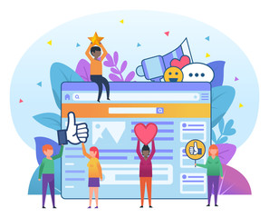 Small cute people standing near big web page and holding various social media icons. Successful social media management, team. Flat design vector illustration