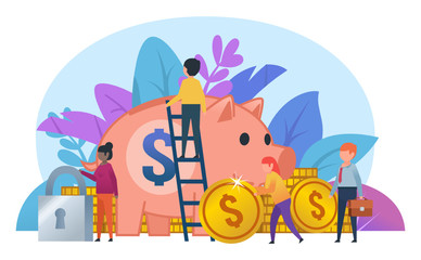 Small people working near big piggy bank, golden coins. Secure savings, financial growth concept. Flat design vector illustration