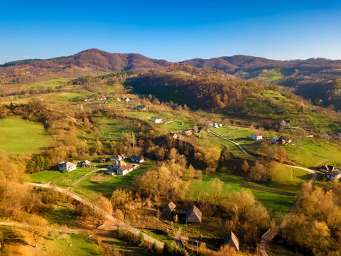 Autumn aerial landscape over touristic Village of Sirnea, Fundata - Romania