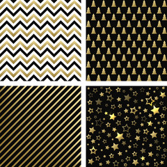 Christmas black and gold seamless patterns. Vector set of minimal backgrounds