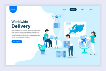 Modern flat design concept of Worldwide Delivery for website and mobile website development. Landing page template. Warehouse, truck, forklift, courier, drone and delivery man. Vector illustration.