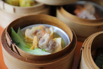 Dim sum on wood basket , Chinese food
