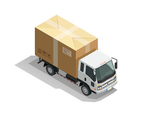 Delivery white van box cargo truck with carton package abstract concept. Isometric 3d illustration isolated on white background. 