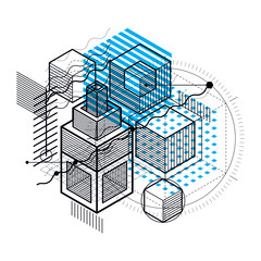 Isometric linear abstract vector background, lined abstraction. Cubes, hexagons, squares, rectangles and different abstract elements.