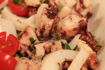 A close view of a cooked octopus salad, with parsley, tomatoes and lettuce, dressed with virgin olive oil, a typical dish of Italian cuisine