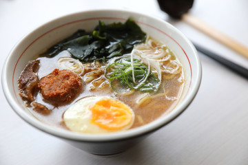 Ramen Japanese noodle soup food with noodle pork egg seaweed
