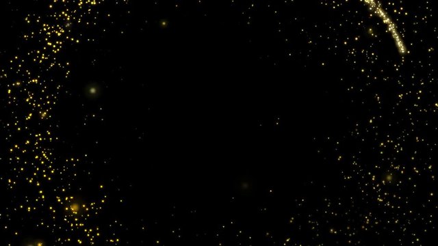 Abstract holiday background with shining gold sparkling particles on black. 4K motion graphic.