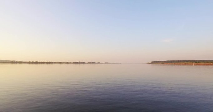 Wide Kama River with Summer Sunset at Clear Sky - Aerial View