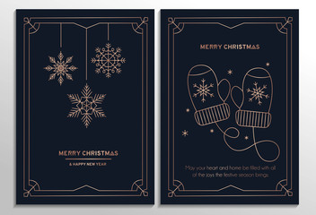 New Year party invitation cards with rose gold geometric design and navy blue background. Vector illustration