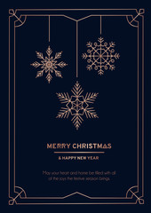 Luxury Christmas greeting card or banner design template. Rose gold geometric lines background for holidays.