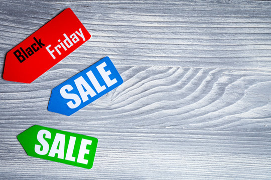 concept of sale on wooden background top view