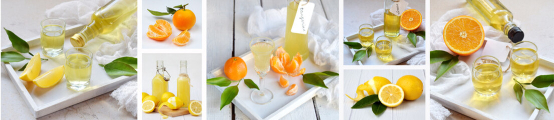 Banners set of citrus fruits and alcohol drinks. Fresh organic juicy fruit - mandarin, lemon,...