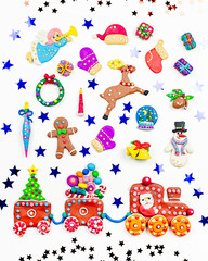 Merry Christmas greeting card with decorations. Santa, Christmas train with tree and sweets, snowman, reindeer and gifts