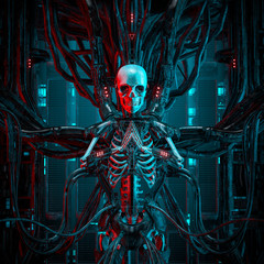 The quantum reaper / 3D illustration of science fiction human android gamer skeleton hardwired to computer core - obrazy, fototapety, plakaty