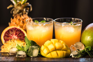 Glasses of juices. Refreshments and summer drinks.