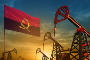 Angola oil industry concept. Industrial illustration - Angola flag and oil wells against the blue and yellow sunset sky background - 3D illustration - obrazy, fototapety, plakaty