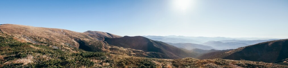 panoramic view of beautiful mountains landscape on sunny day, Carpathians, Ukraine