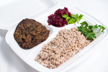 lunch box set. Disposable plastic lunch box. A white food box, lunch, fast food, isolated on white background