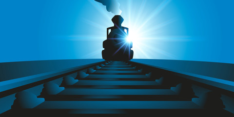 Des rails de chemin de fer au premier plan, avec la silhouette d'une locomotive à vapeur et son nuage de fumée, qui arrive à l'horizon. © pict rider