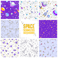 Fototapeta premium Set of seamless space backgrounds with rockets, planets, asteroids, comets, meteors and stars, undiscovered deep cosmos fantastic textiles fabric for children, endless tiling pattern, vector.