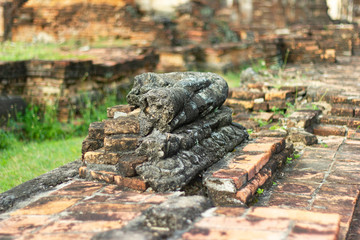 The old buddha image on cement with ruins and ancient, Built in modern history in historical park is the UNESCO world heritage, Sukhothai Thailand.