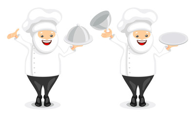 Cute chef characters. Funny cooks in white hat holding close and open restaurant cloches. Vector illustration in cartoon style.