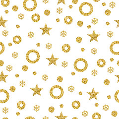 Christmas pattern background with golden glittering snowflakes and stars, vector illustration