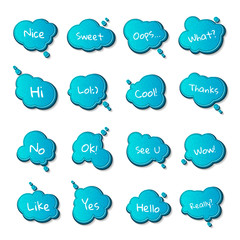 Set of templates speech bubbles with quotes. Denim cartoon stickers with stitches, short messages. Blue jeans stickers and patch badges in style of comics, pop art