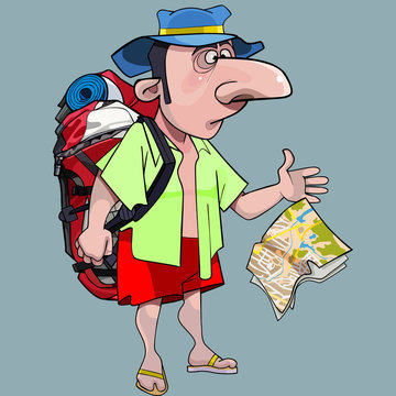 cartoon male tourist with a backpack in fright drops a map