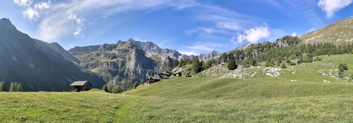 The Walser town of Follu, with wood and stone lodges, high mountains, forests and pastures, in summer, in Val d'Otro valley, Alps mountains, Italy